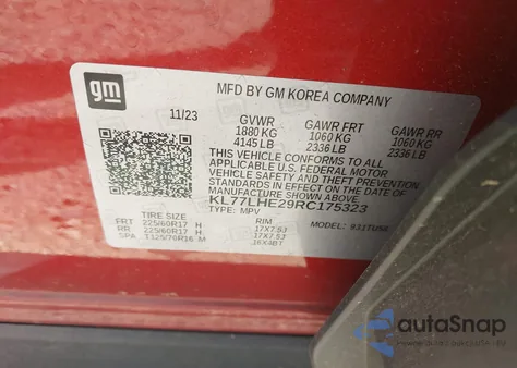 2024 Chevrolet Trax 1Lt z USA, uszkodzony, nr VIN KL77LHE29RC175323